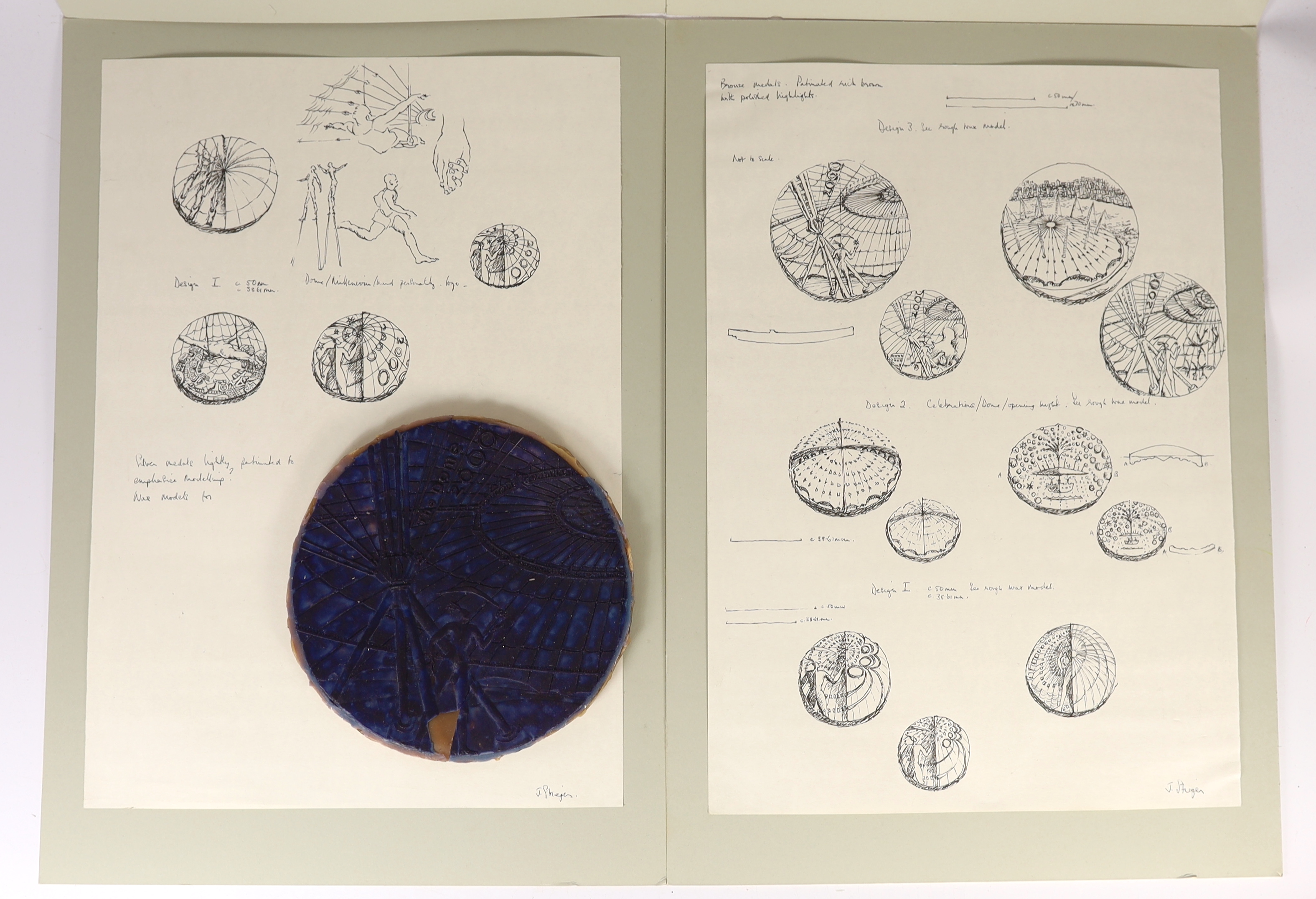 Jacqueline Stieger (b.1936) for the Royal Mint, a unique Millennium Dome medal oversize wax relief and a group of Dome medal and Timekeeper opening sequence concept sketches